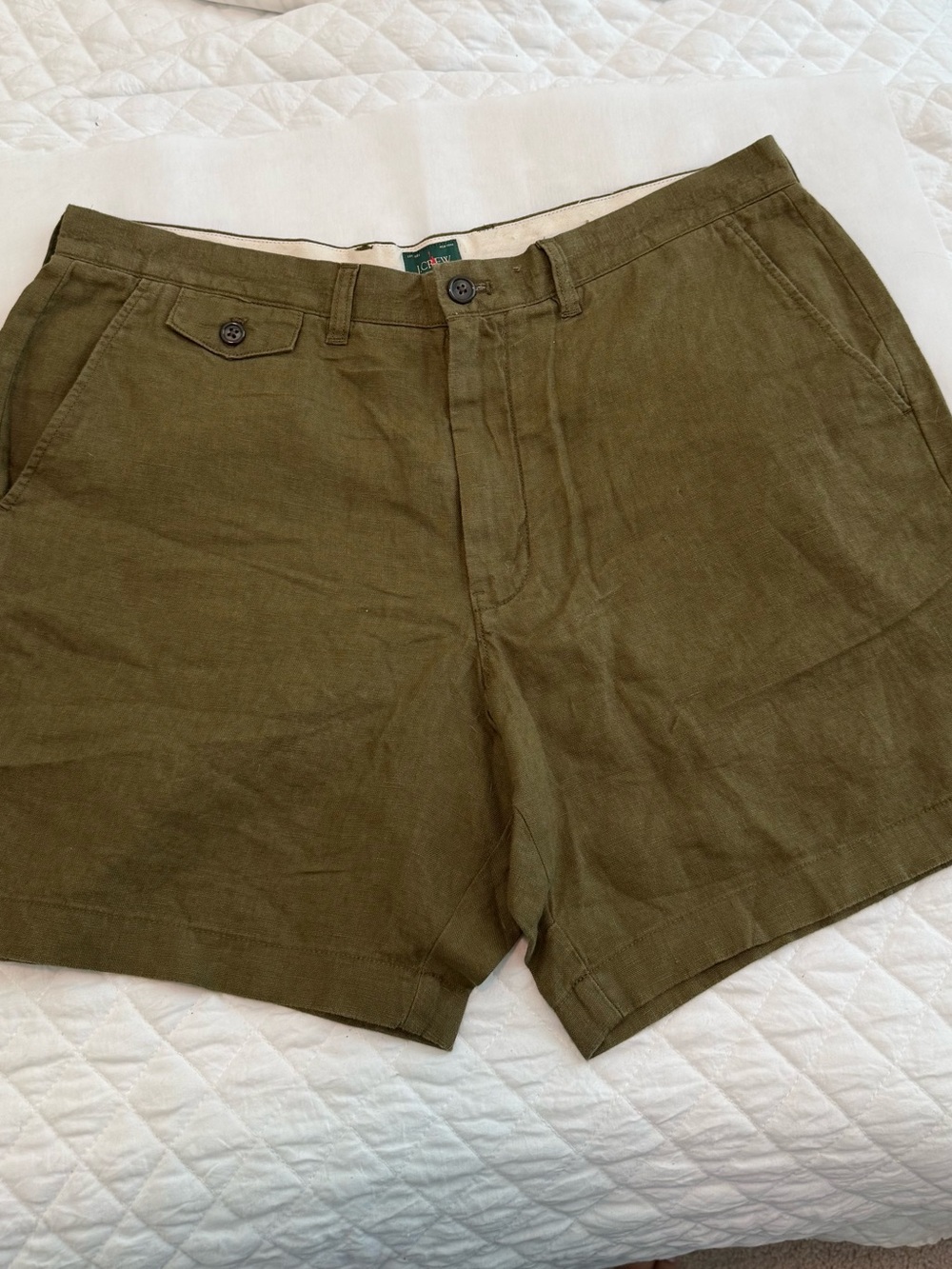 J. Crew Olive Green  Linen-Blend Flat Front Men's Shorts